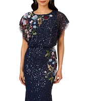 Adrianna Papell Beaded Sequin Mesh Floral Mermaid Boat Neck Short Dolman Sleeve Gown