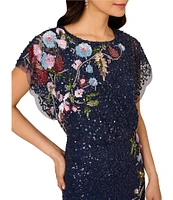 Adrianna Papell Beaded Sequin Mesh Floral Mermaid Boat Neck Short Dolman Sleeve Gown