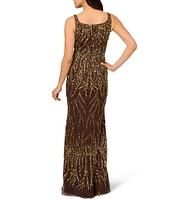 Adrianna Papell Beaded Sequin Square Neck Sleeveless Side Slit Gown