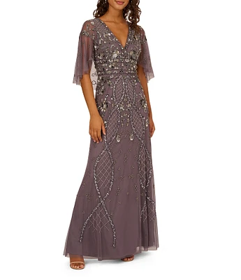 Adrianna Papell Beaded V-Neck Mesh Cape Sleeve A-Line Gown