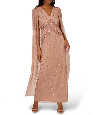 Adrianna Papell Beaded V-Neck Sleeveless Long Cape Back Gown