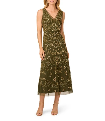 Adrianna Papell Beaded V-Neck Sleeveless Midi Dress