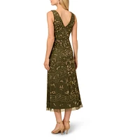 Adrianna Papell Beaded V-Neck Sleeveless Midi Dress