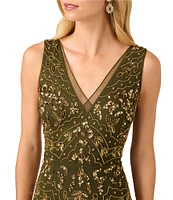 Adrianna Papell Beaded V-Neck Sleeveless Midi Dress