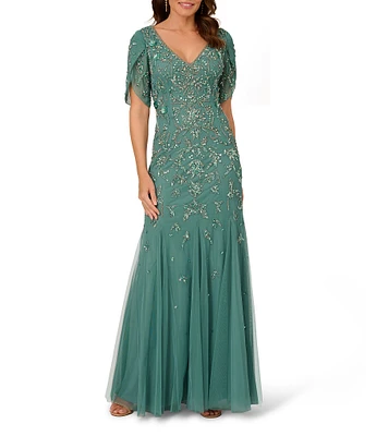 Adrianna Papell Beaded V-Neck 3/4 Petal Sleeve Mermaid Gown