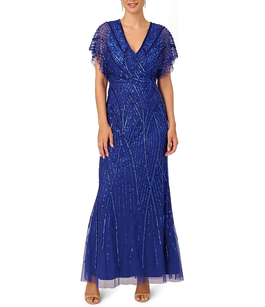 Adrianna Papell Beaded V-Neck Short Flutter Sleeve Mermaid Gown