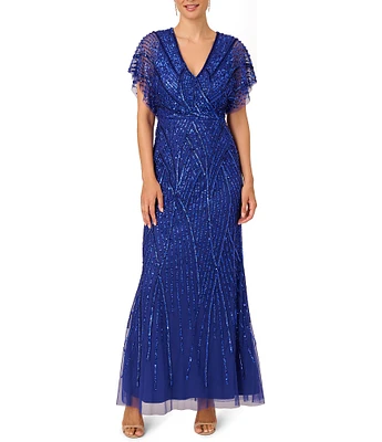 Adrianna Papell Beaded V-Neck Short Flutter Sleeve Mermaid Gown