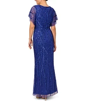 Adrianna Papell Beaded V-Neck Short Flutter Sleeve Mermaid Gown