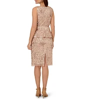 Adrianna Papell Boat Neck Beaded Mesh Peplum Dress