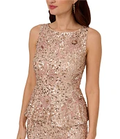 Adrianna Papell Boat Neck Beaded Mesh Peplum Dress