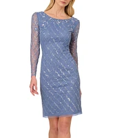 Adrianna Papell Boat Neck Illusion Long Sleeve Beaded Sheath Dress
