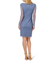 Adrianna Papell Boat Neck Illusion Long Sleeve Beaded Sheath Dress
