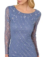 Adrianna Papell Boat Neck Illusion Long Sleeve Beaded Sheath Dress