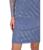 Adrianna Papell Boat Neck Illusion Long Sleeve Beaded Sheath Dress