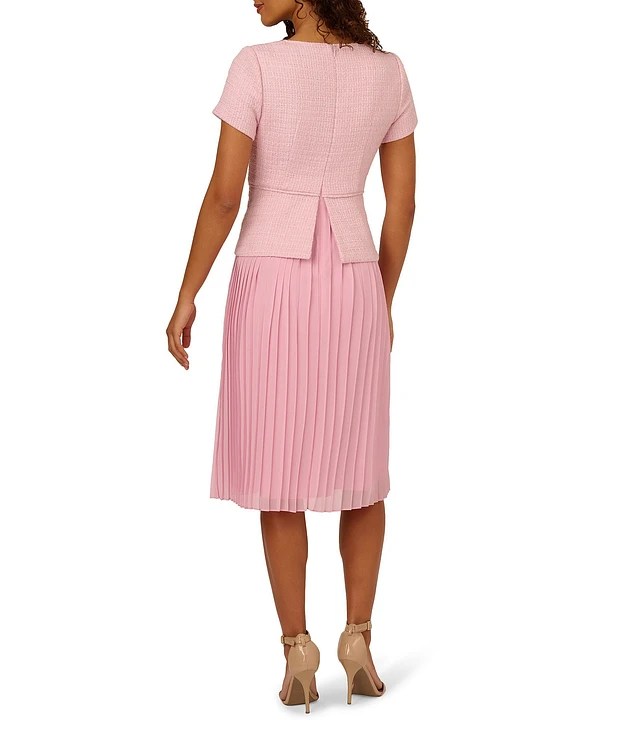 Adrianna Papell Boucle Combo Square Neck Short Sleeve Pleated Peplum Midi  Dress | Brazos Mall
