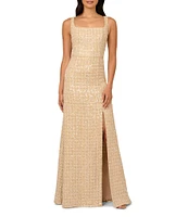 Adrianna Papell Boucle Square Neck Sleeveless Front Slit Column Dress