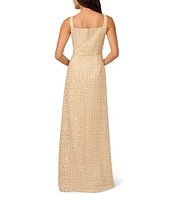 Adrianna Papell Boucle Square Neck Sleeveless Front Slit Column Dress