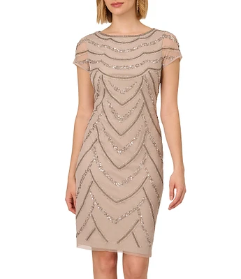 Adrianna Papell Cap Sleeve Boat Neck Beaded Dress