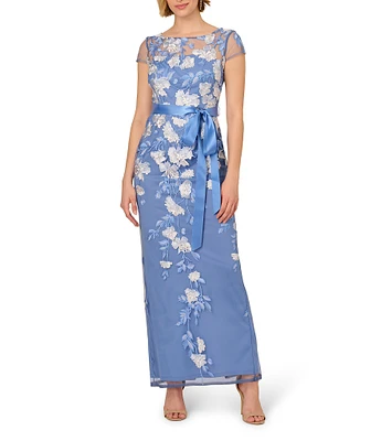 Adrianna Papell Cascading Floral Embroidery Illusion Boat Neck Short Sleeve Gown