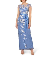Adrianna Papell Cascading Floral Embroidery Illusion Boat Neck Short Sleeve Gown