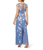 Adrianna Papell Cascading Floral Embroidery Illusion Boat Neck Short Sleeve Gown