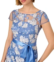 Adrianna Papell Cascading Floral Embroidery Illusion Boat Neck Short Sleeve Gown