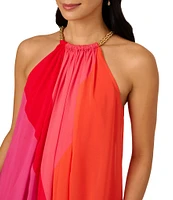 Adrianna Papell Chiffon Color Block Halter Neck Sleeveless Maxi Dress