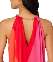 Adrianna Papell Chiffon Color Block Halter Neck Sleeveless Maxi Dress