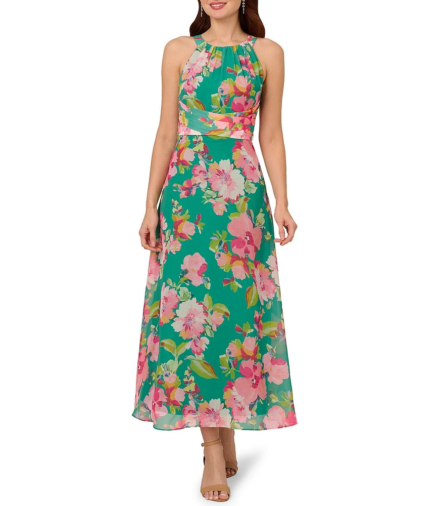 Adrianna Papell Chiffon Floral Print Halter Neck Sleeveless Blouson Maxi Dress
