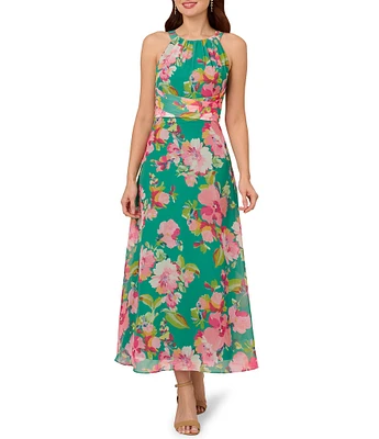 Adrianna Papell Chiffon Floral Print Halter Neck Sleeveless Blouson Maxi Dress