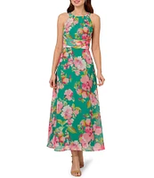 Adrianna Papell Chiffon Floral Print Halter Neck Sleeveless Blouson Maxi Dress