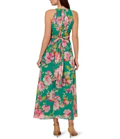 Adrianna Papell Chiffon Floral Print Halter Neck Sleeveless Blouson Maxi Dress