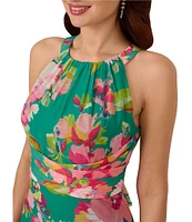 Adrianna Papell Chiffon Floral Print Halter Neck Sleeveless Blouson Maxi Dress