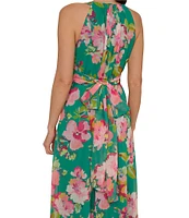 Adrianna Papell Chiffon Floral Print Halter Neck Sleeveless Blouson Maxi Dress