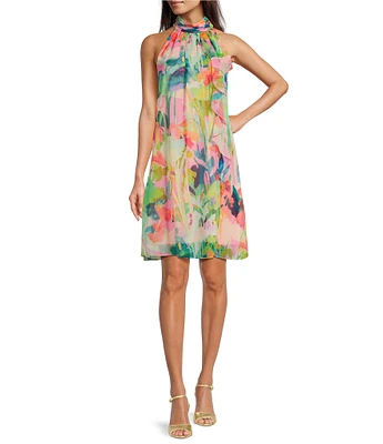 Adrianna Papell Chiffon Floral Print Halter Neck Sleeveless Shift Mini Dress
