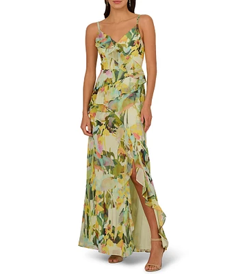 Adrianna Papell Chiffon Floral Print Ruffle V-Neck Sleeveless Ruffle Fit and Flare Gown