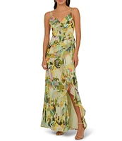 Adrianna Papell Chiffon Floral Print Ruffle V-Neck Sleeveless Ruffle Fit and Flare Gown