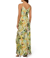 Adrianna Papell Chiffon Floral Print Ruffle V-Neck Sleeveless Ruffle Fit and Flare Gown