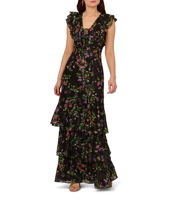 Adrianna Papell Chiffon Floral Print V-Neck Flutter Sleeve Tiered Gown