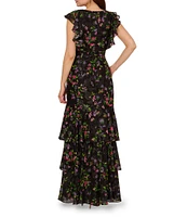 Adrianna Papell Chiffon Floral Print V-Neck Flutter Sleeve Tiered Gown