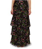 Adrianna Papell Chiffon Floral Print V-Neck Flutter Sleeve Tiered Gown