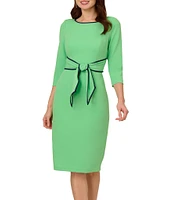 Adrianna Papell Contrasting Trim Boat Neck 3/4 Sleeve Tie Waist Crepe Sheath Dress