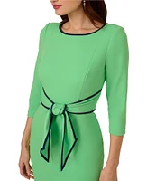 Adrianna Papell Contrasting Trim Boat Neck 3/4 Sleeve Tie Waist Crepe Sheath Dress
