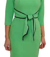 Adrianna Papell Contrasting Trim Boat Neck 3/4 Sleeve Tie Waist Crepe Sheath Dress