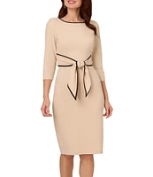 Adrianna Papell Contrasting Trim Boat Neck 3/4 Sleeve Tie Waist Crepe Sheath Dress
