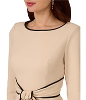 Adrianna Papell Contrasting Trim Boat Neck 3/4 Sleeve Tie Waist Crepe Sheath Dress