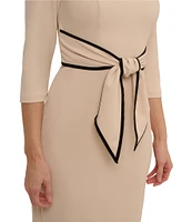 Adrianna Papell Contrasting Trim Boat Neck 3/4 Sleeve Tie Waist Crepe Sheath Dress