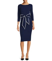 Adrianna Papell Contrasting Trim Boat Neck 3/4 Sleeve Tie Waist Crepe Sheath Dress