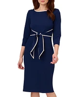 Adrianna Papell Contrasting Trim Boat Neck 3/4 Sleeve Tie Waist Crepe Sheath Dress