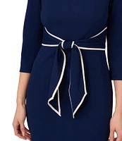 Adrianna Papell Contrasting Trim Boat Neck 3/4 Sleeve Tie Waist Crepe Sheath Dress